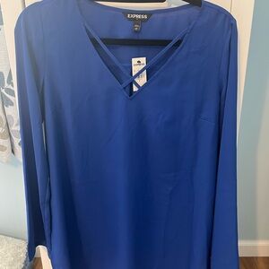 Express Blue V-Neck Long Sleeve Blouse